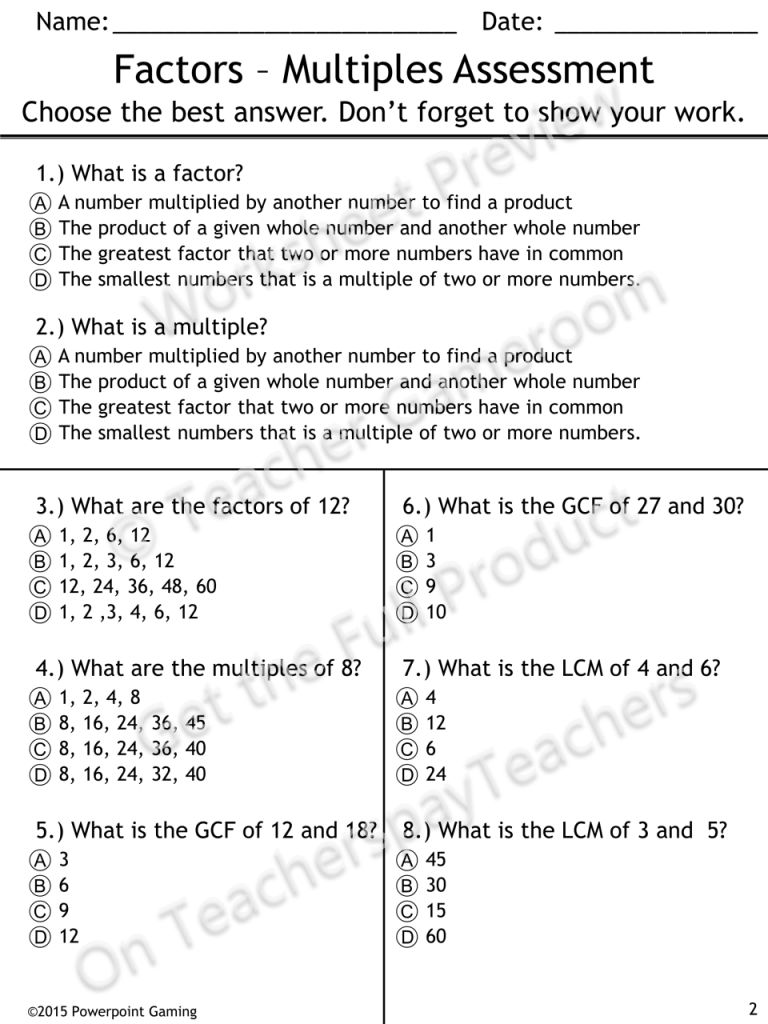 6th Grade Factors And Multiples Worksheet Grade 6