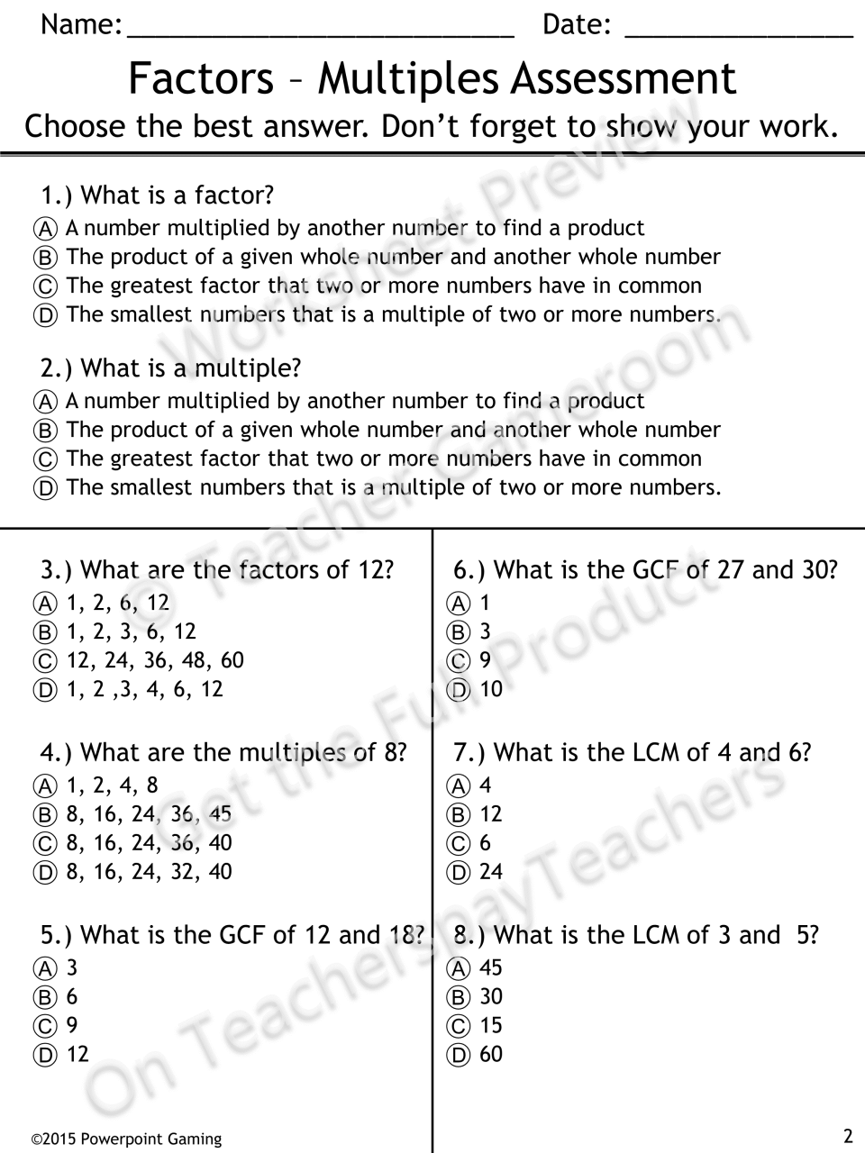 This quiz reviews multiples, factors, Least Common Multiple (LCM), and