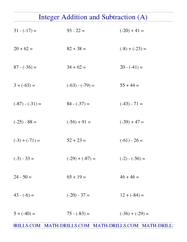 Integers Worksheet Grade 7 Adding And Subtracting