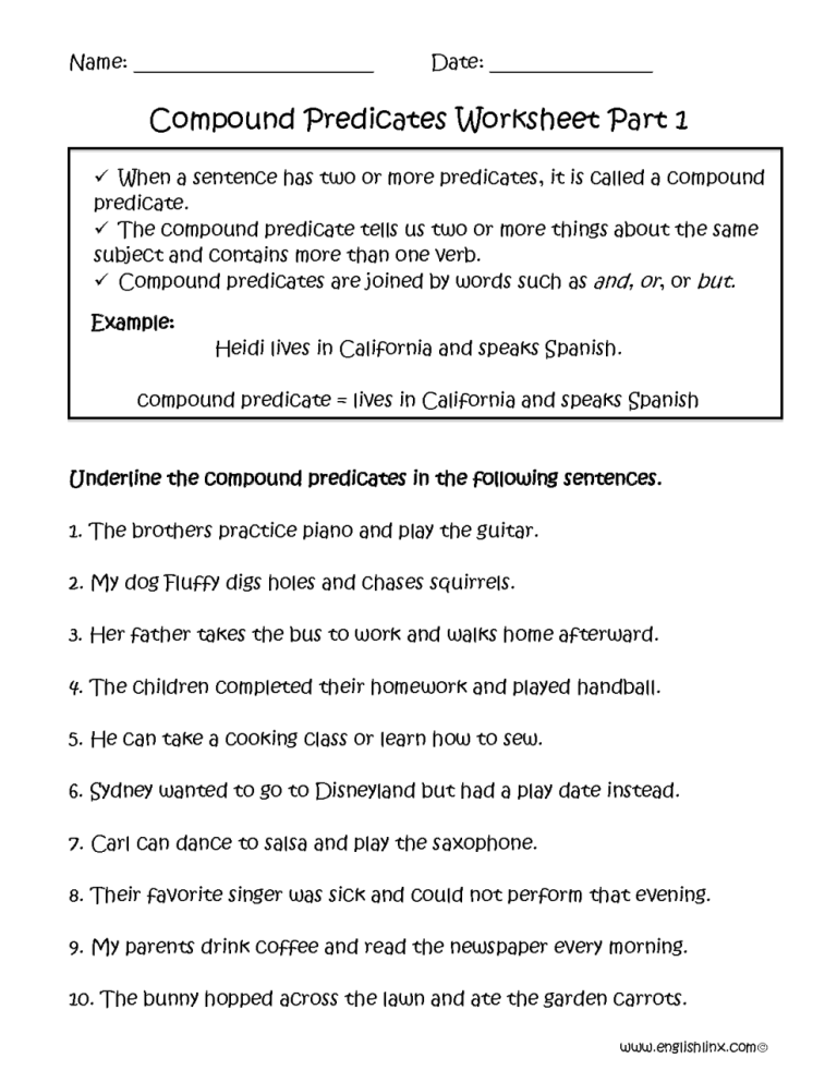 Compound Subject And Predicate Worksheet 4th Grade