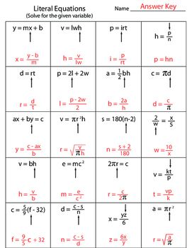 Algebra Literal Equations Worksheet Answers