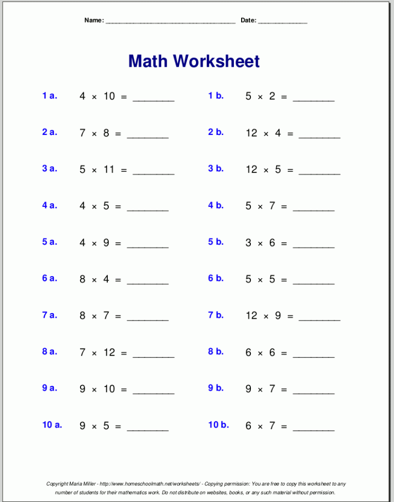 Grade 3 Multiplication Math Sheet