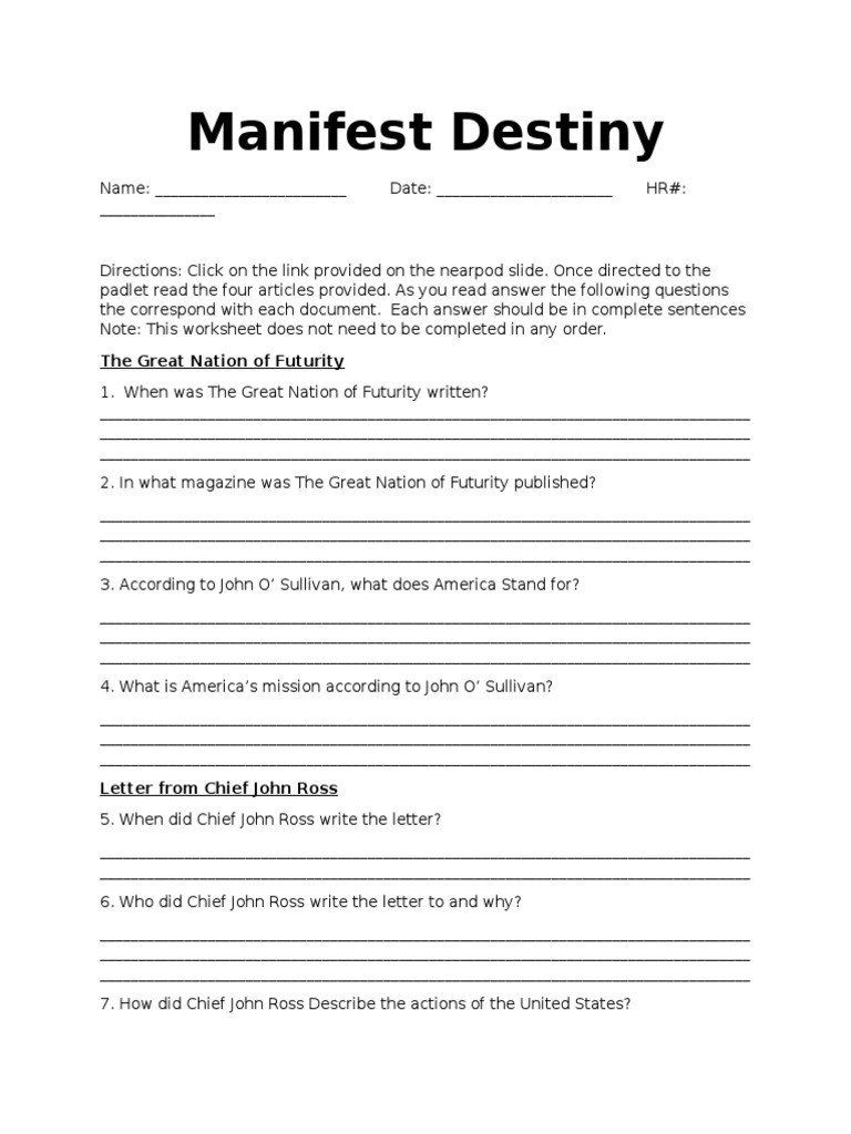 Manifest Destiny Worksheet Pdf Answer Key