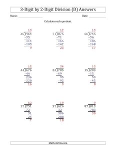 The 3Digit by 2Digit Long Division with Remainders and Steps Shown on