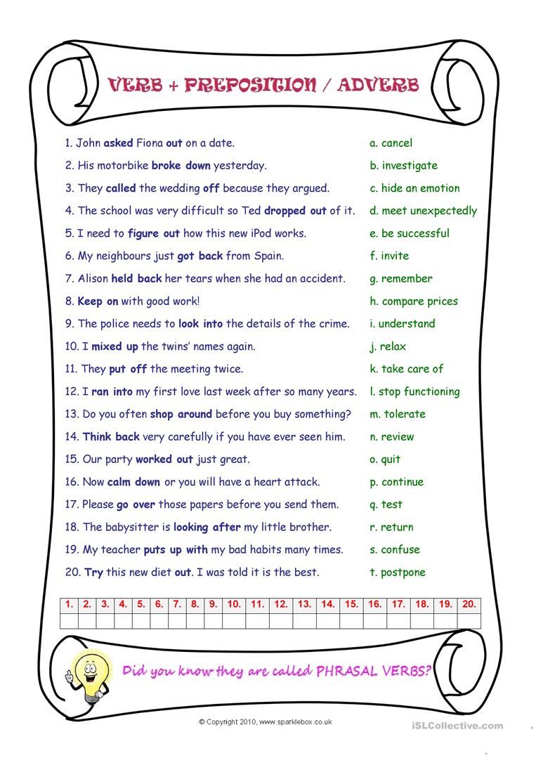 Phrasal Verbs Worksheets For Grade 5 Pdf