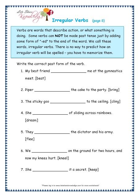 Irregular Verbs Worksheet Grade 4