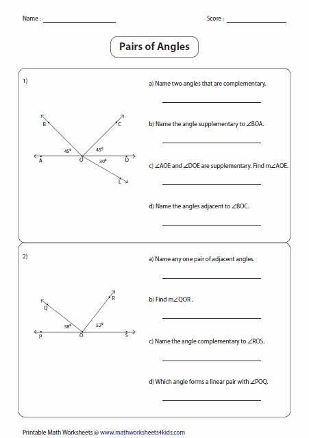 Pairs Of Angles Worksheet Answer Key