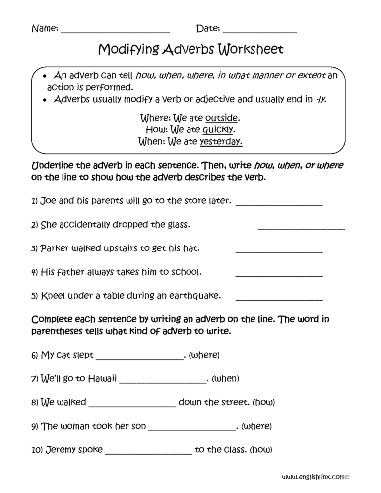 Adverb Worksheet For Grade 9