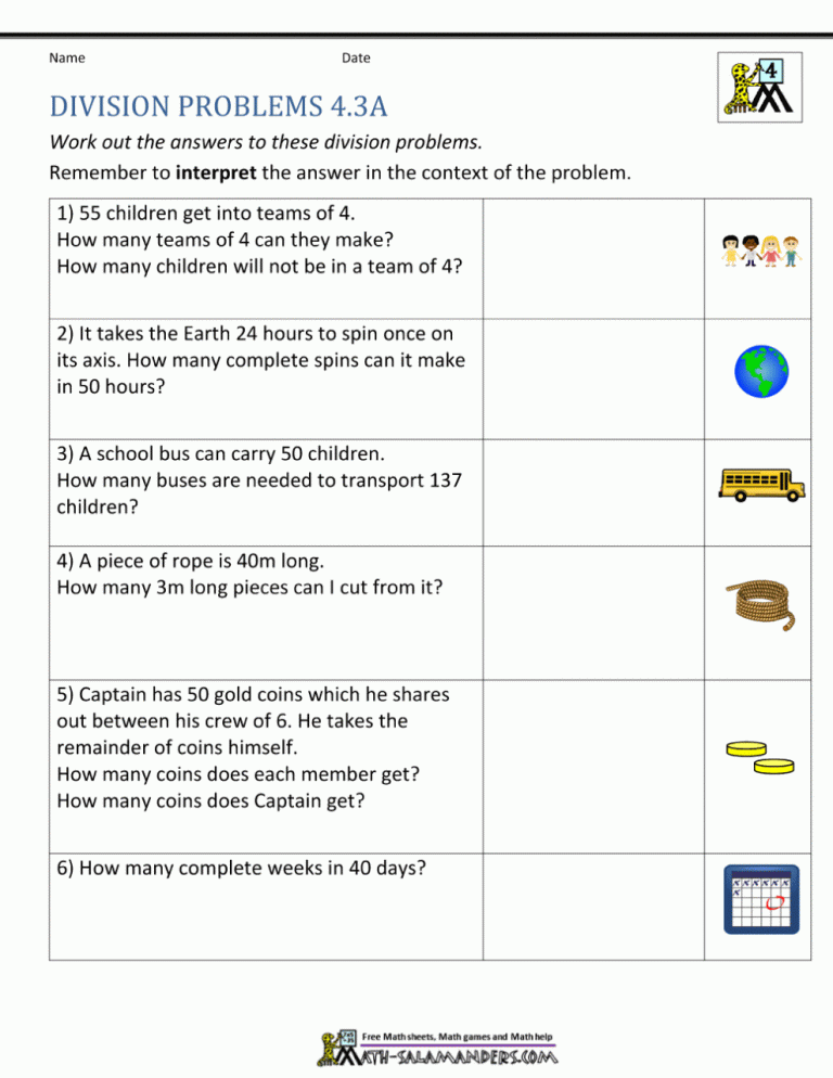Division Word Problems Grade 4 With Answers