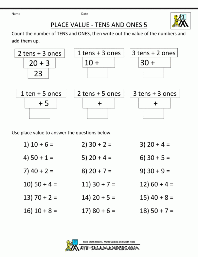 Free Math Worksheets For 1St Grade Place Value