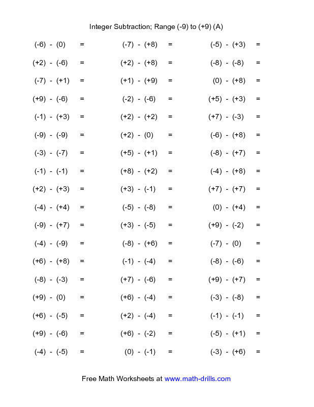 Subtracting Integers Worksheet Grade 8