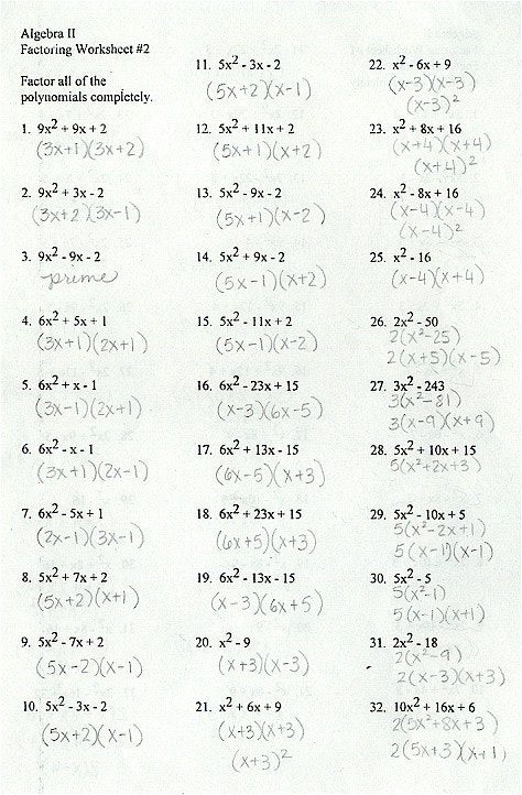 Answer Key Factoring Polynomials Worksheet With Answers Algebra 2