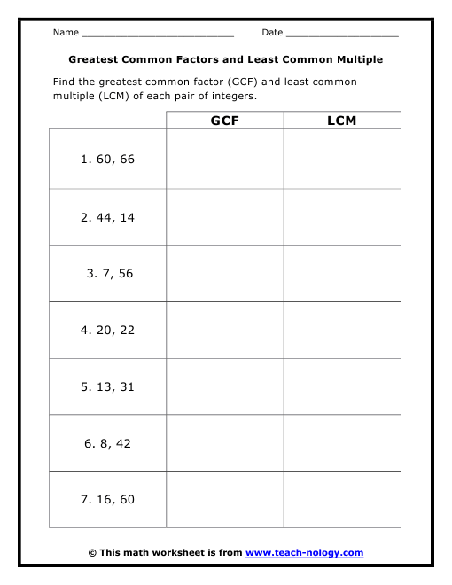 6th Grade Hcf By Prime Factorization Worksheet