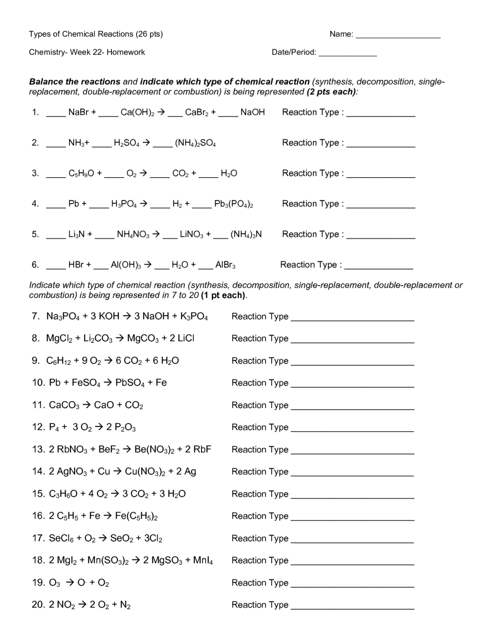 Types Of Reactions Worksheet 2 Answer Key