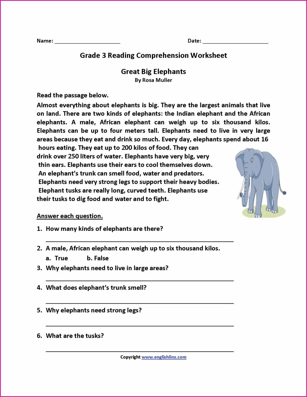 Reading Comprehension Worksheets Pdf With Answers Free