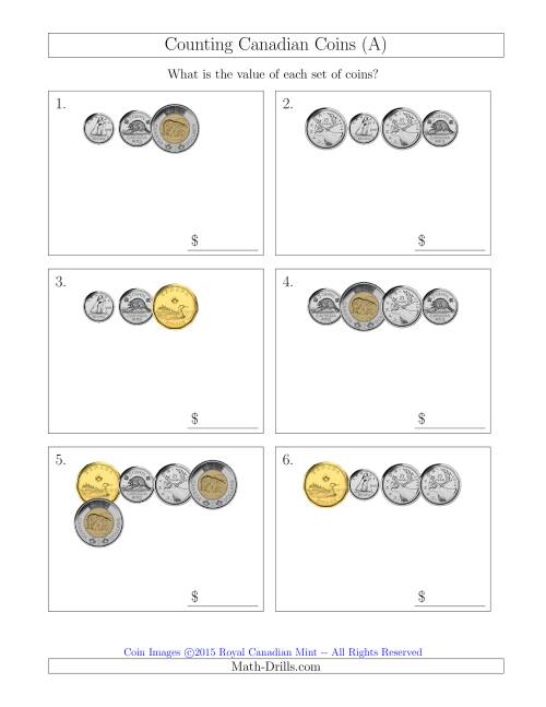 Counting Small Collections of Canadian Coins (A) Money Worksheet