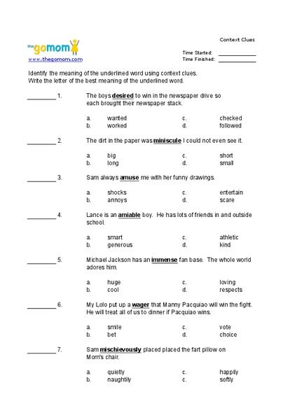 Multiple Choice Context Clues Worksheets 5th Grade