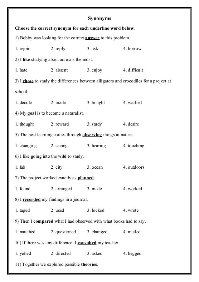 Synonyms And Antonyms Worksheet With Answers