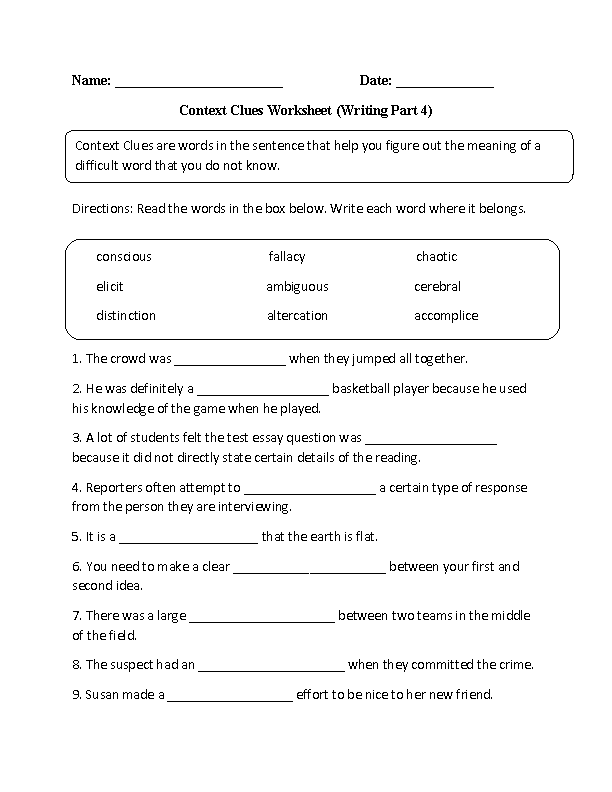 Context Clues Worksheets With Answers Grade 8