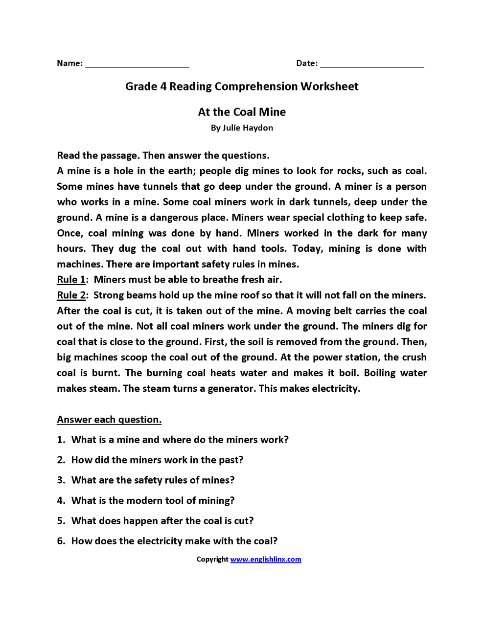 Comprehension Worksheets For Grade 4 With Answers