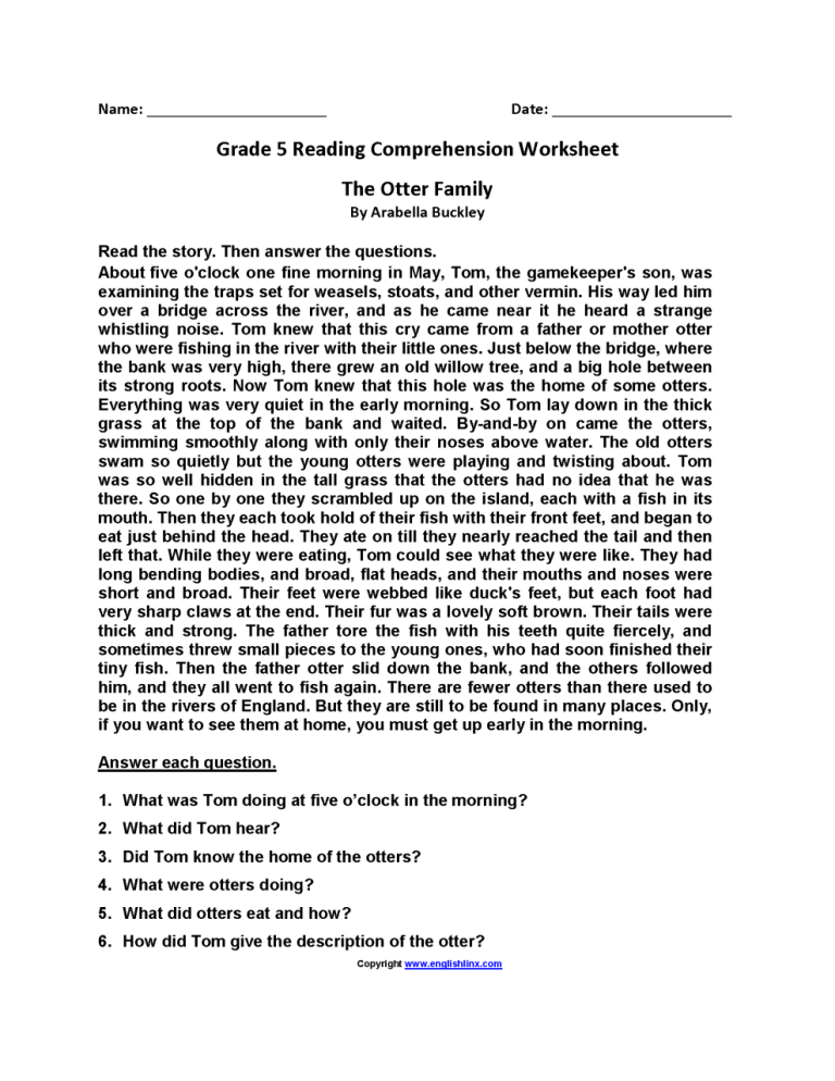 5Th Grade Reading Comprehension Test Pdf