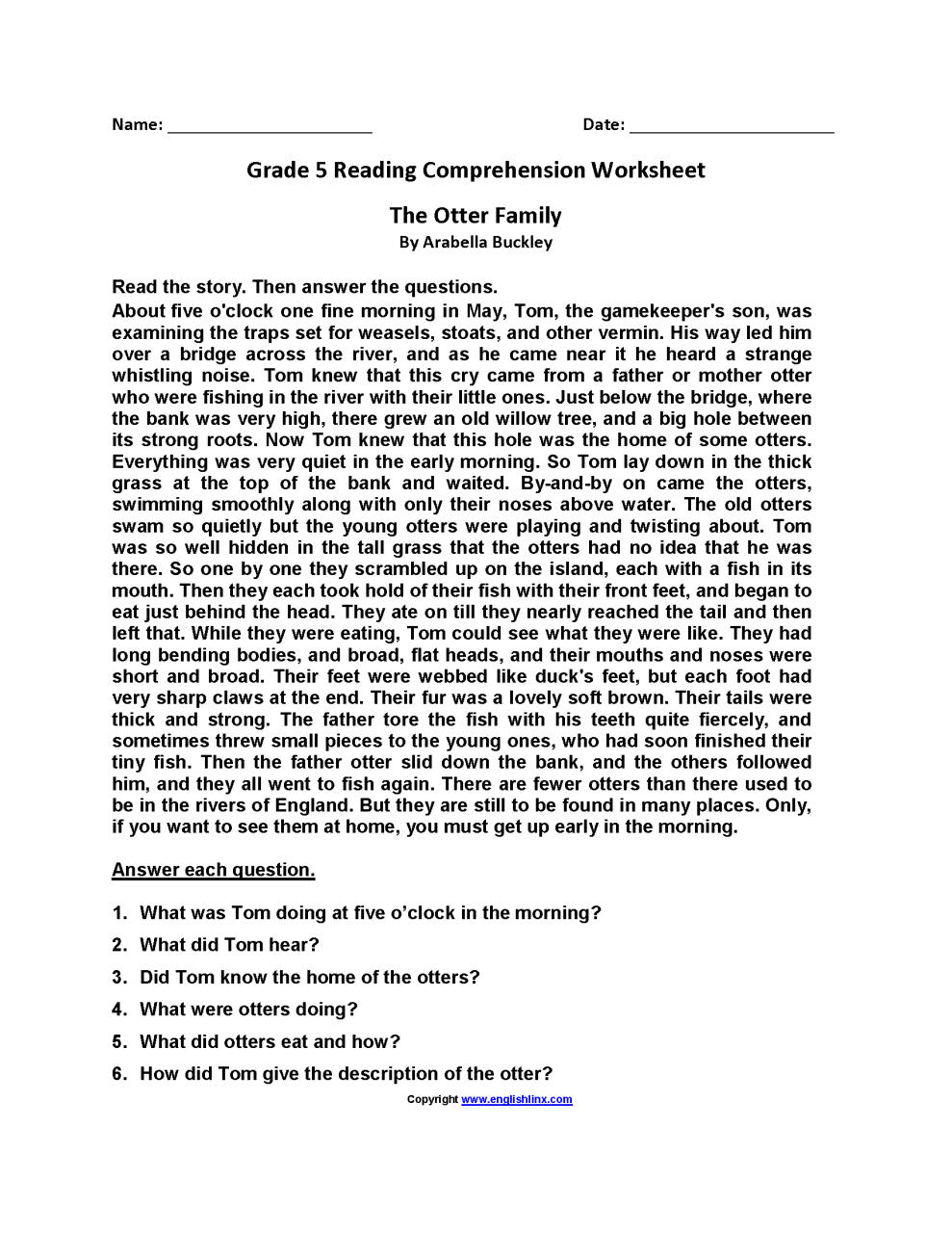 5Th Grade Reading Comprehension Test Pdf