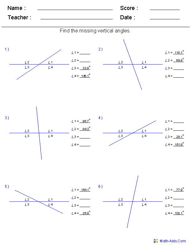 7th Grade Pairs Of Angles Worksheet