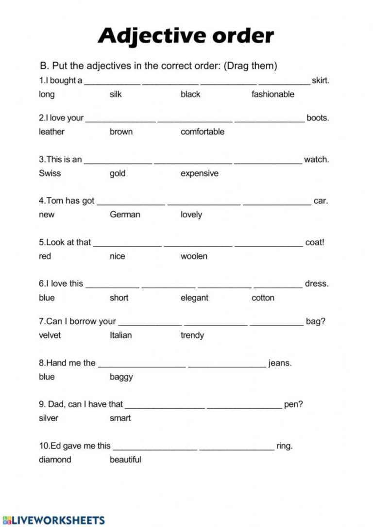 Order Of Adjectives Worksheets With Answers