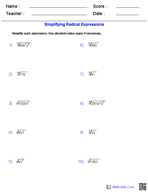 Algebra 2 Simplifying Radicals Worksheet With Answers