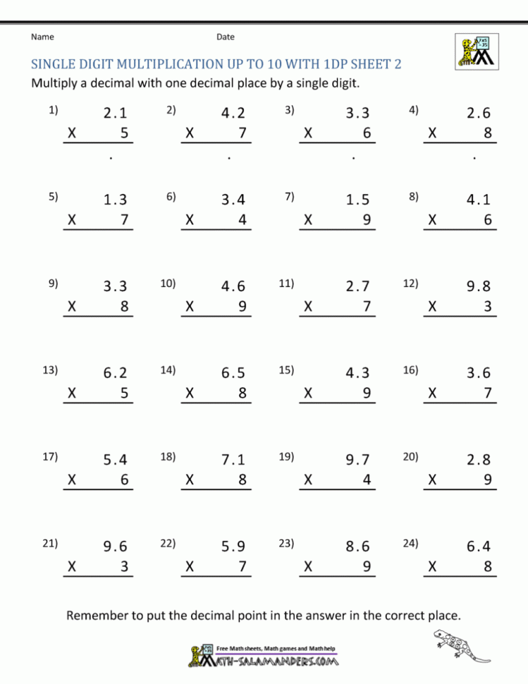 Decimal Multiplication Worksheets Pdf