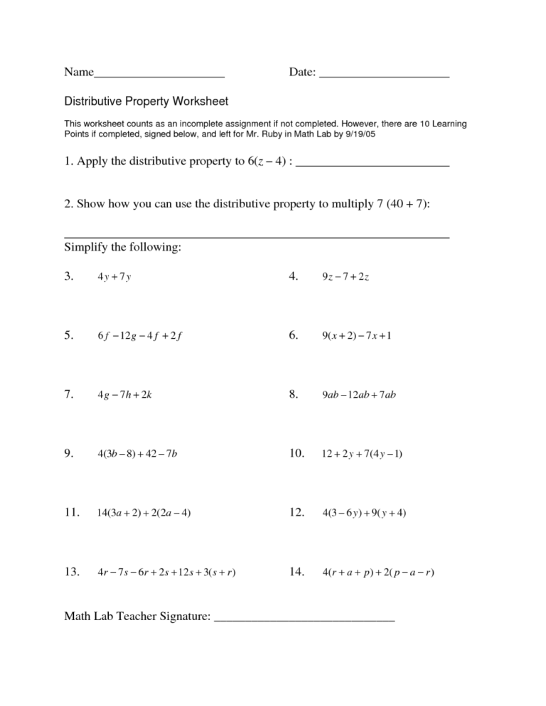 Distributive Property Of Multiplication Worksheets Pdf