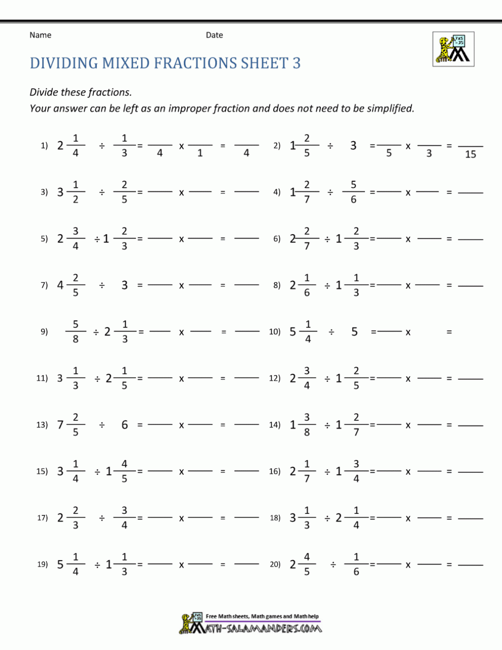 Multiplying And Dividing Mixed Fractions Worksheets With Answers Pdf