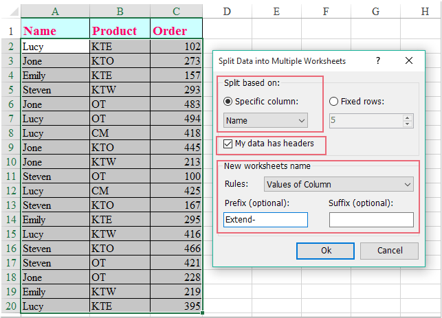 How to split data into multiple worksheets based on column in Excel?