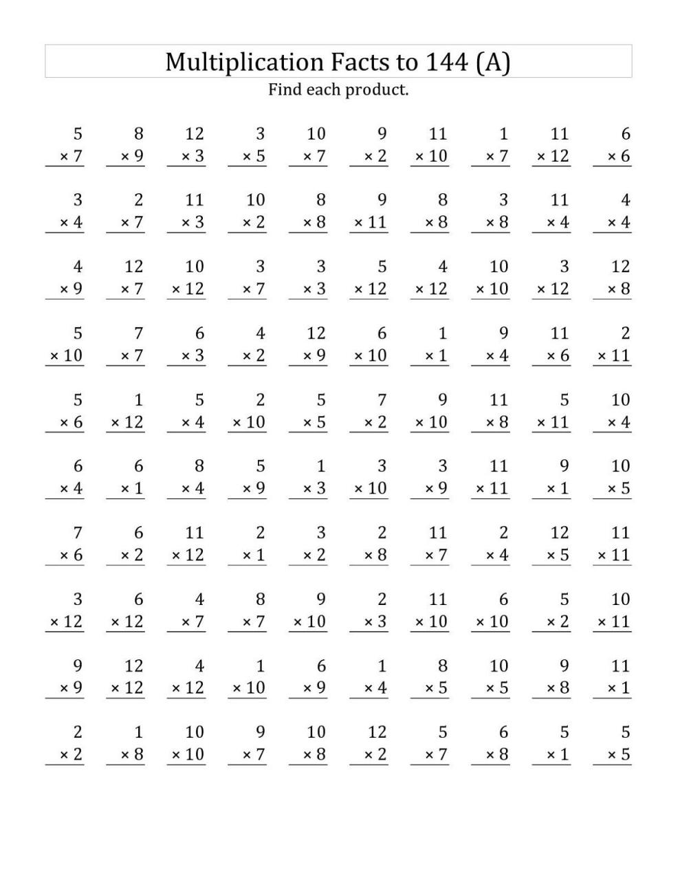 Printable Multiplication Facts to 144 Worksheets K5 Worksheets Math