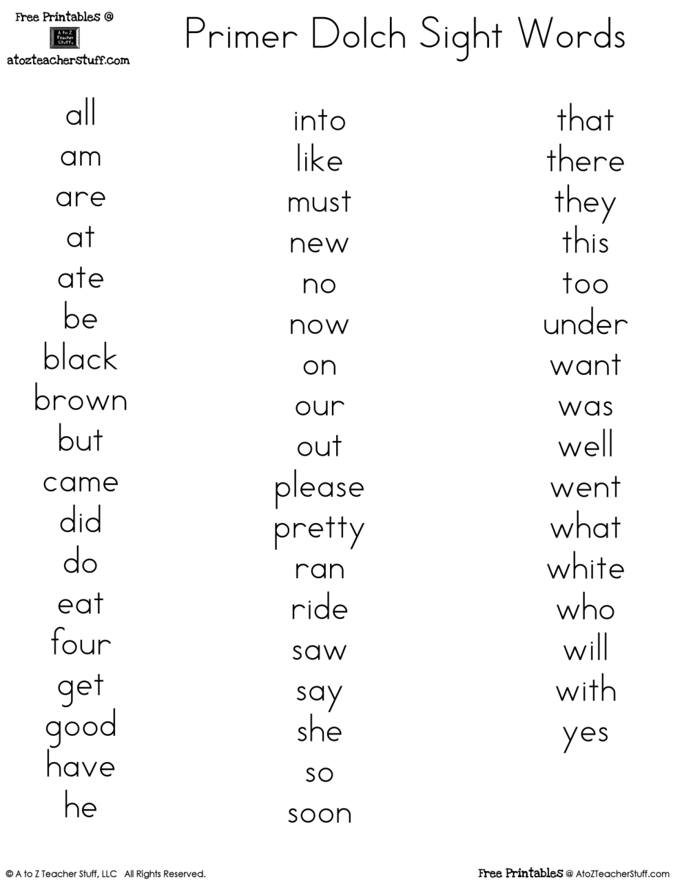 Free Printable Sight Words Preschool
