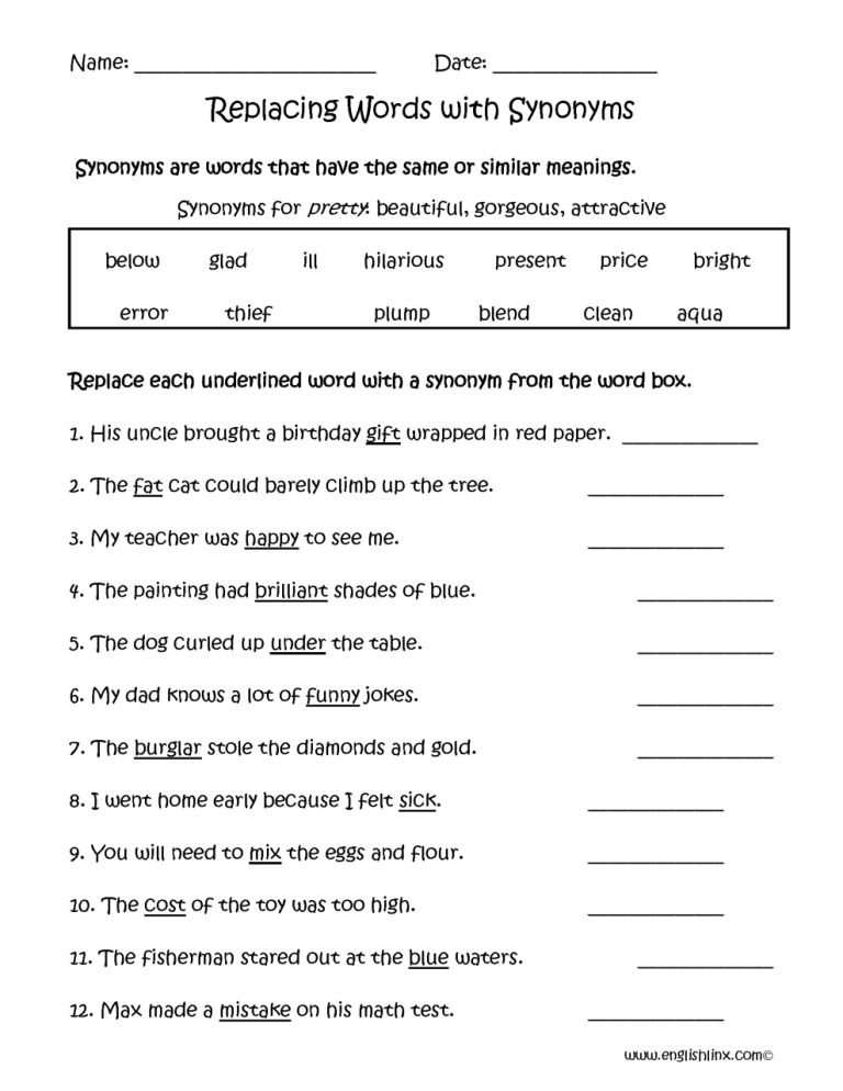 5th Grade Synonyms Worksheet For Grade 3