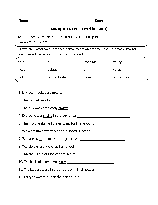 Grade 1 Synonyms Worksheet With Answers