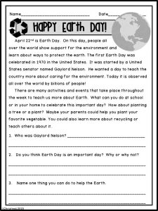 April Reading Comprehension Passages Earth day, Facts and Early finishers