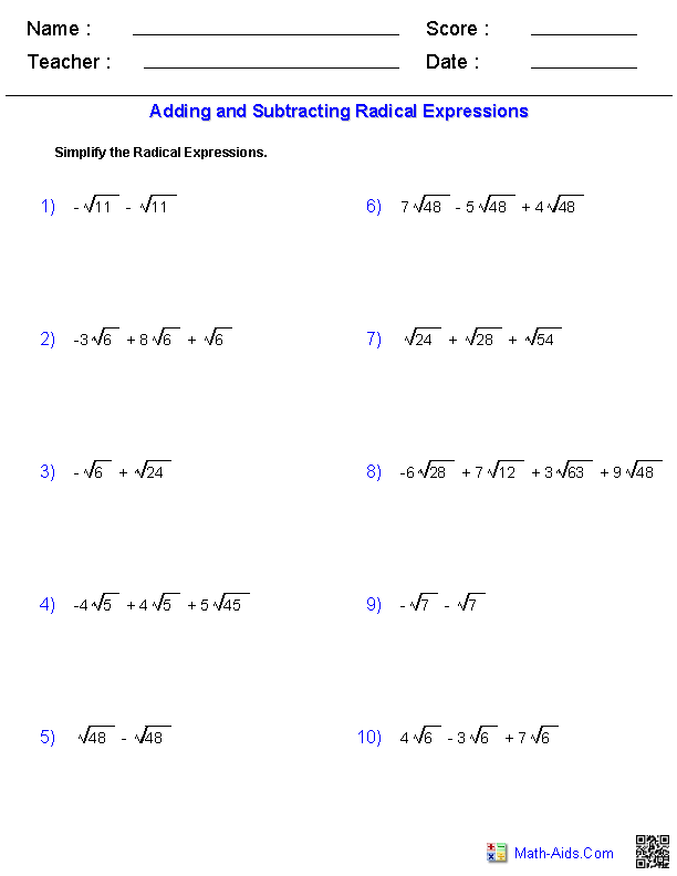 Algebra 1 Simplifying Radicals Worksheet