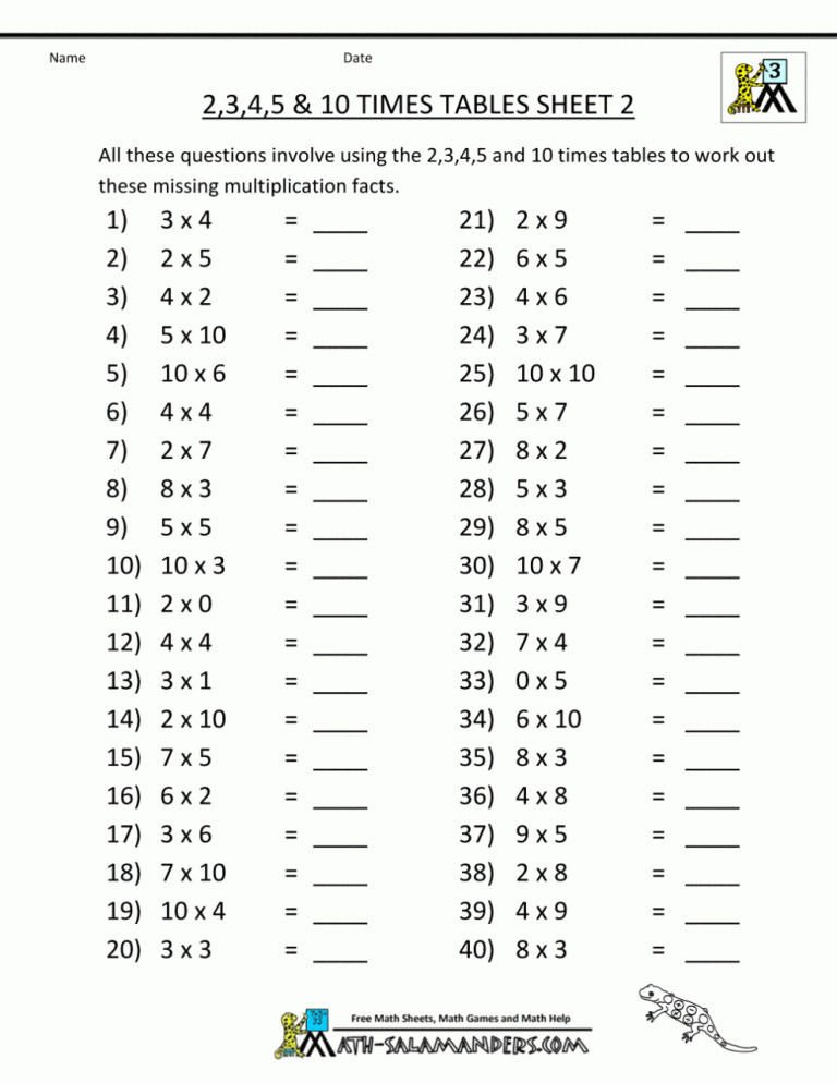 5th Grade Mixed Times Tables Worksheets