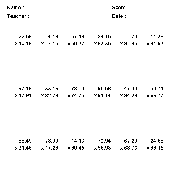 6Th Grade Multiplication Decimals Worksheets Multiplying Dividing