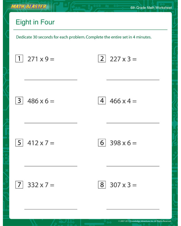 Eight in Four Free Multiplication Printable for 6th Grade Math Blaster