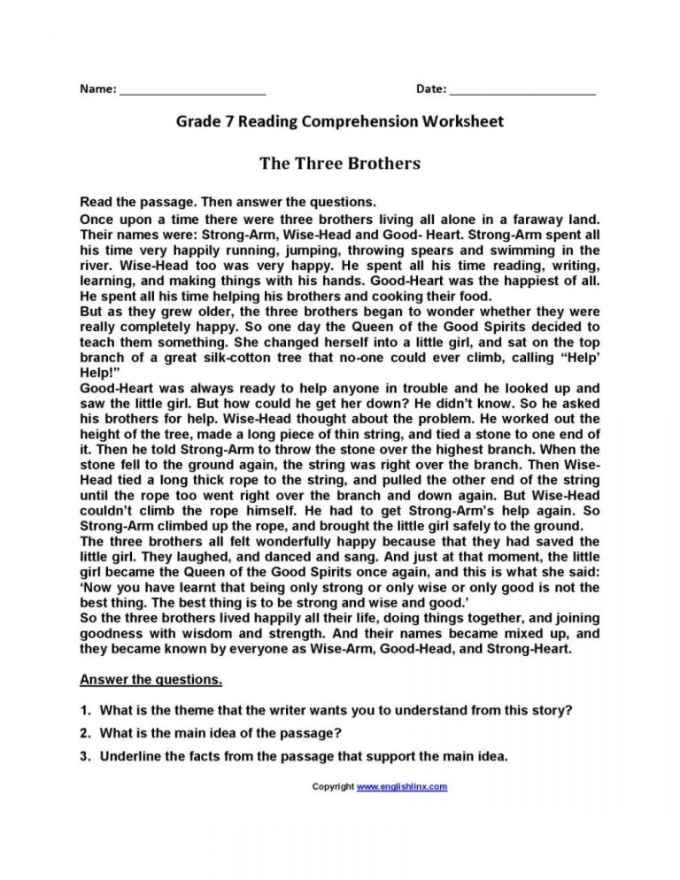 Free Printable Reading Comprehension Worksheets For 7Th Graders