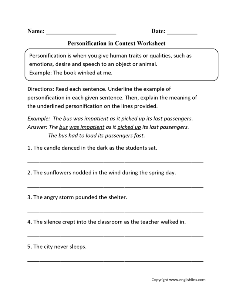 5th Grade Printable Figurative Language Worksheets