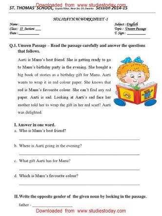 Reading Comprehension For Class 2 In English