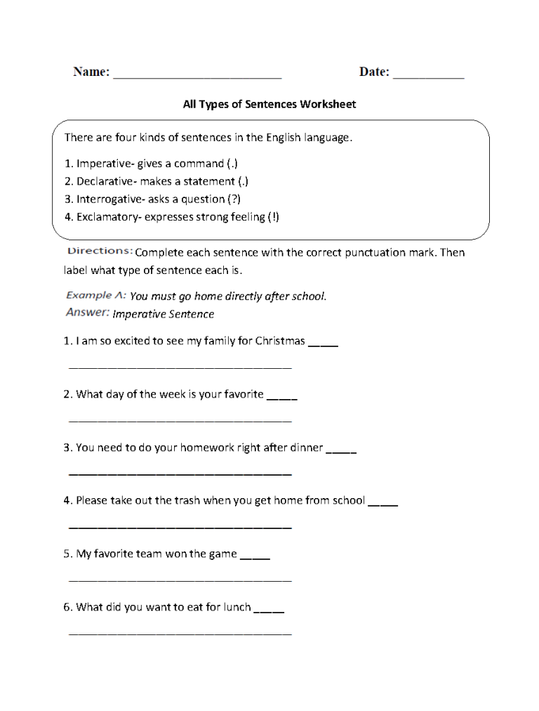 Four Types Of Sentences Worksheets Pdf
