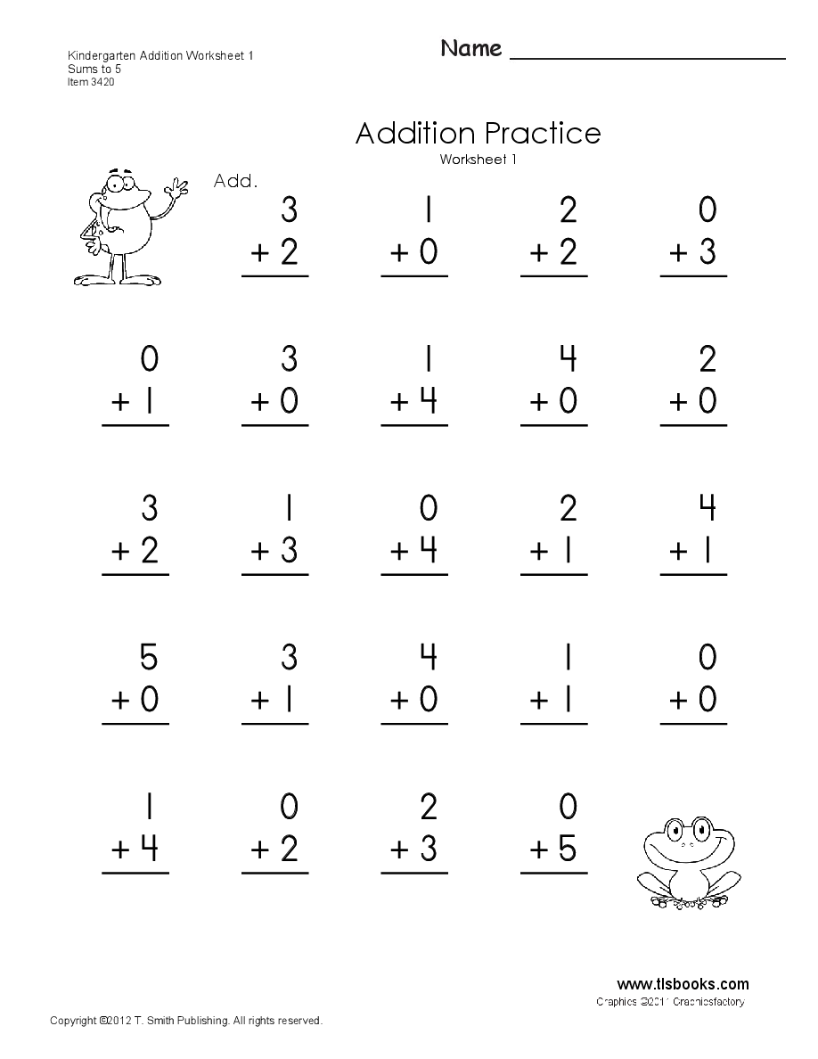 Kindergarten Addition Worksheets 1 through 6 Kindergarten addition