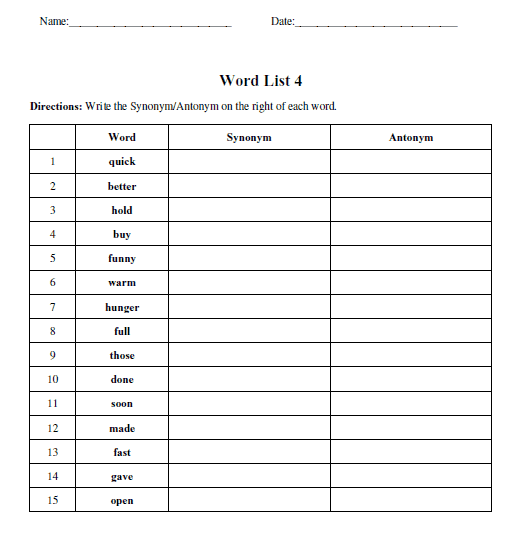 10th Grade Synonyms Worksheet