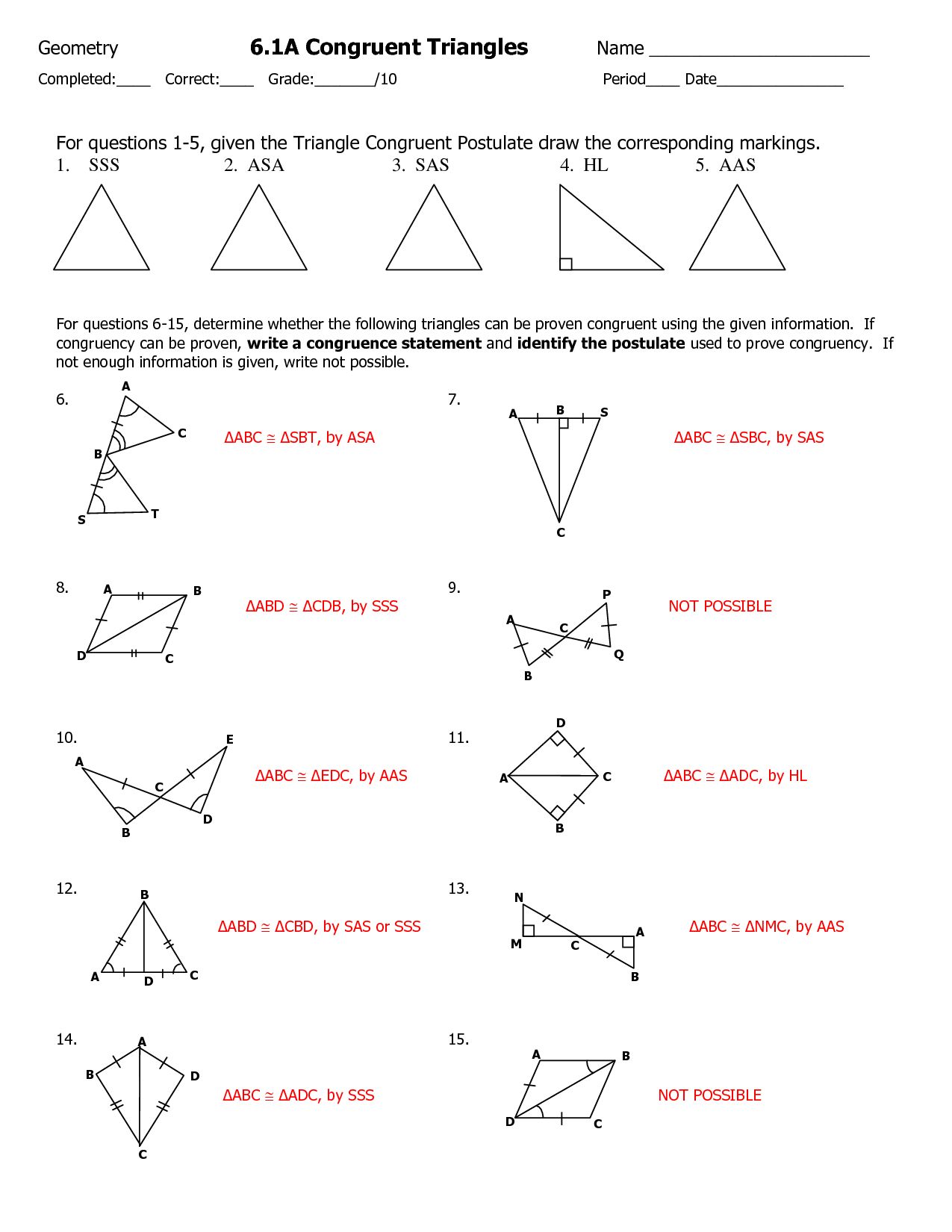 Triangle Congruence Review Worksheet Answer Key