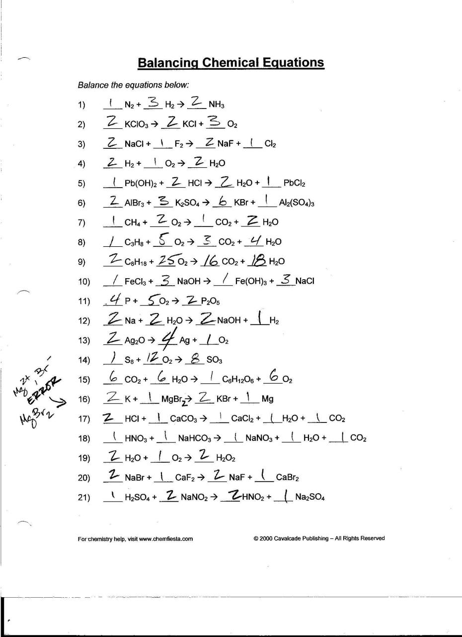 Chapter 7 Worksheet 1 Balancing Chemical Equations Answers —